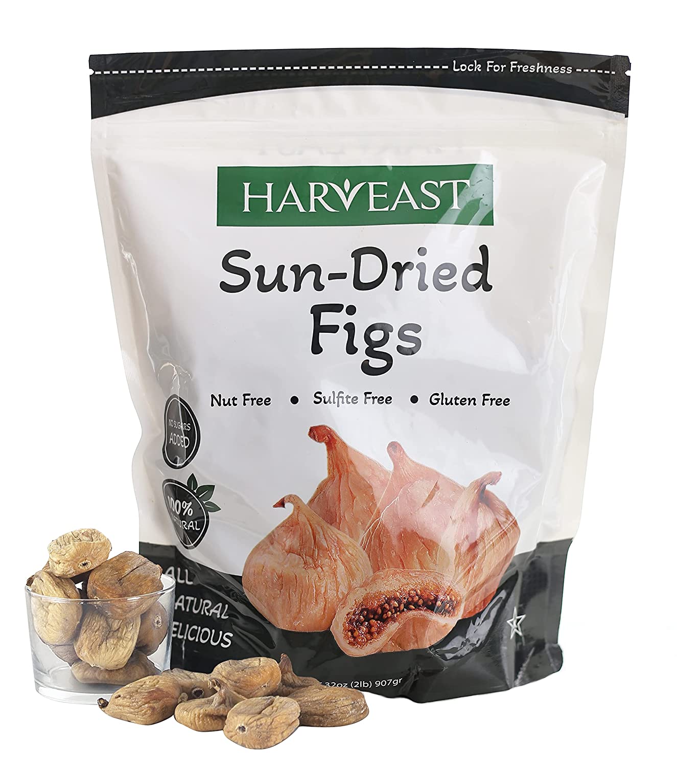 HARVEAST Sun Dried Figs, 2 Lbs - Natural Turkish Whole Dried Smyrna Figs Fruit, No Sugar Added, Non-GMO, Unsulfured, Gluten Free & Kosher – Tender & Sweet Dehydrated Figs Vegan Snack in Resealable Bag