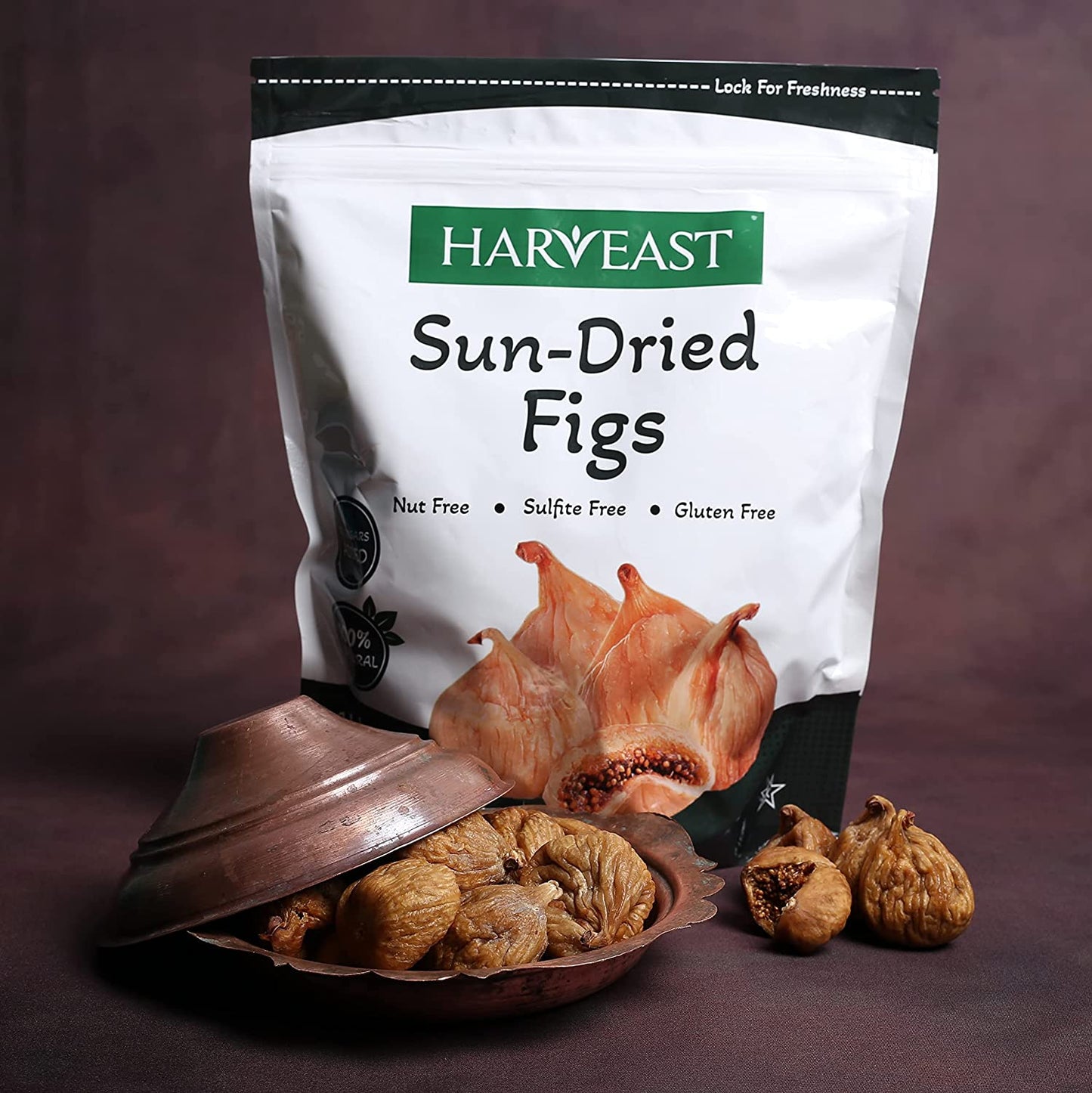 HARVEAST Sun Dried Figs, 2 Lbs - Natural Turkish Whole Dried Smyrna Figs Fruit, No Sugar Added, Non-GMO, Unsulfured, Gluten Free & Kosher – Tender & Sweet Dehydrated Figs Vegan Snack in Resealable Bag