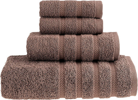 HALLEY Decorative Turkish Towels Set, 4 Pieces - Highly Absorbent & Fade Resistant Fabric, 100% Cotton - 1 Bath Towels, 1 Hand Towels, 2 Washcloths - Brown