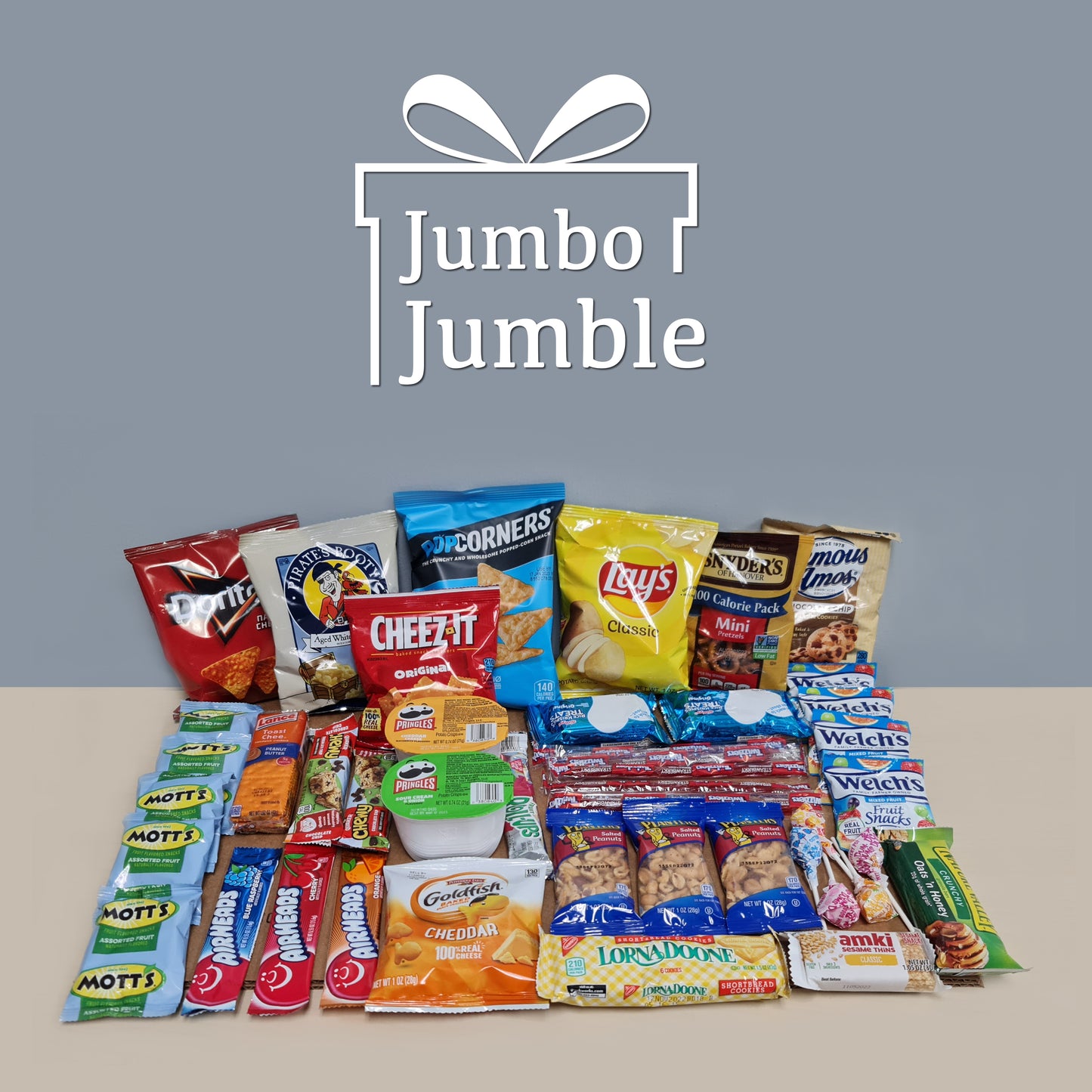 JUMBO JUMBLE Snack Box Care Package (45 Count) for College Students, Military, School Lunch – Bulk Snack Variety Gift Box with Chips, Candy, Granola Bars, Cookies, Nuts–Sample Snack Box Variety Pack