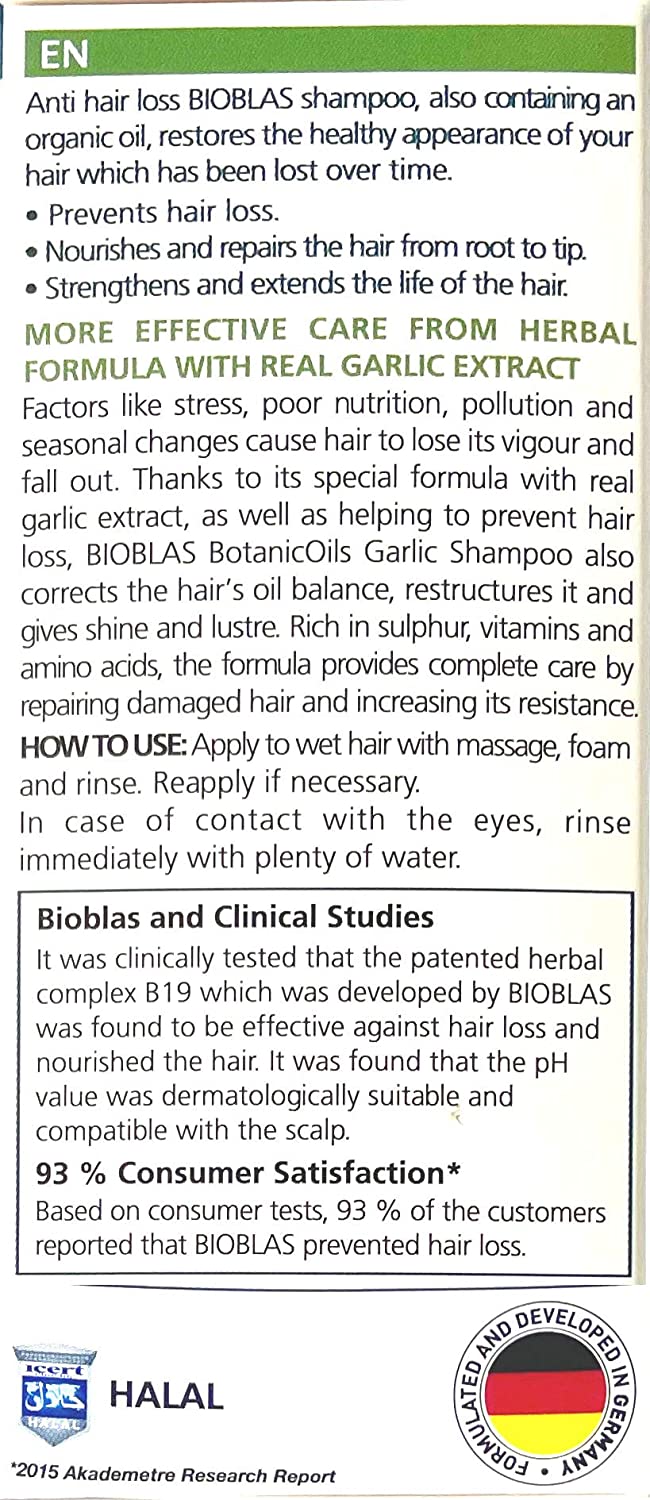 Bioblas Hair Loss Garlic Shampoo for Men and Women with Unscented & Odorless Natural Oil Treatment, Halal, Dermatologically Tested to Strengthen Hair from Root to Tip, All Hair Types