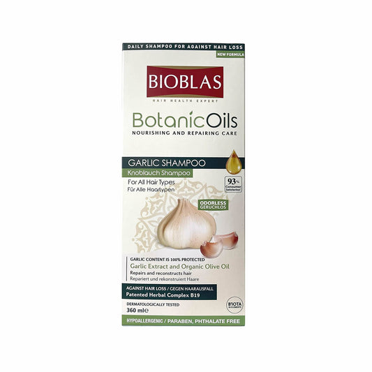 Bioblas Hair Loss Garlic Shampoo for Men and Women with Unscented & Odorless Natural Oil Treatment, Halal, Dermatologically Tested to Strengthen Hair from Root to Tip, All Hair Types