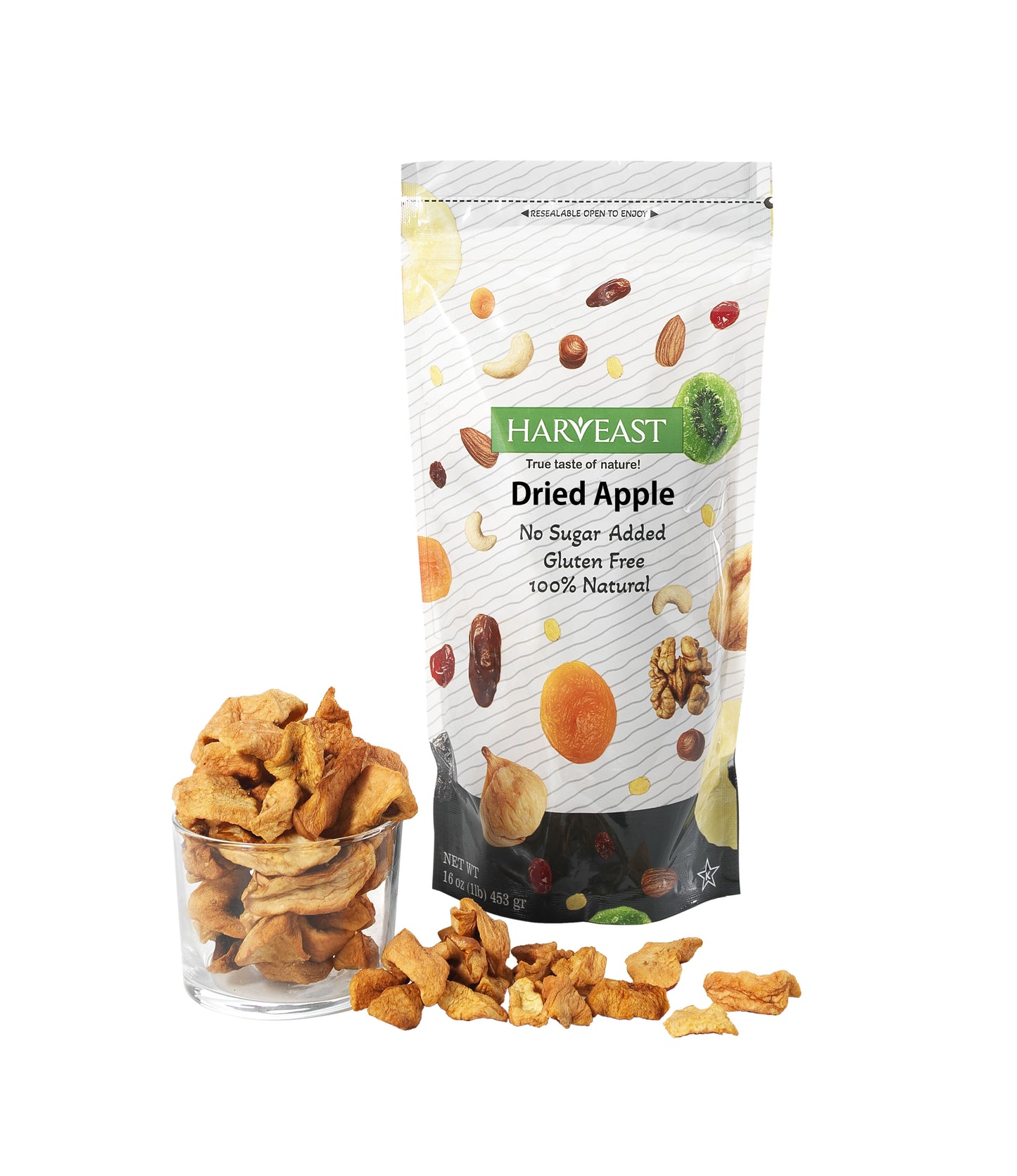HARVEAST Dried Apple Slices | Unsulfured Gourmet Dehydrated Apples, No Sugar, Gluten Free, Kosher, Vegan, Non-GMO | Dried Sliced Apple Fruit in Resealable Bag, Delicious Healthy Snack 8.81 Oz 1 Pack