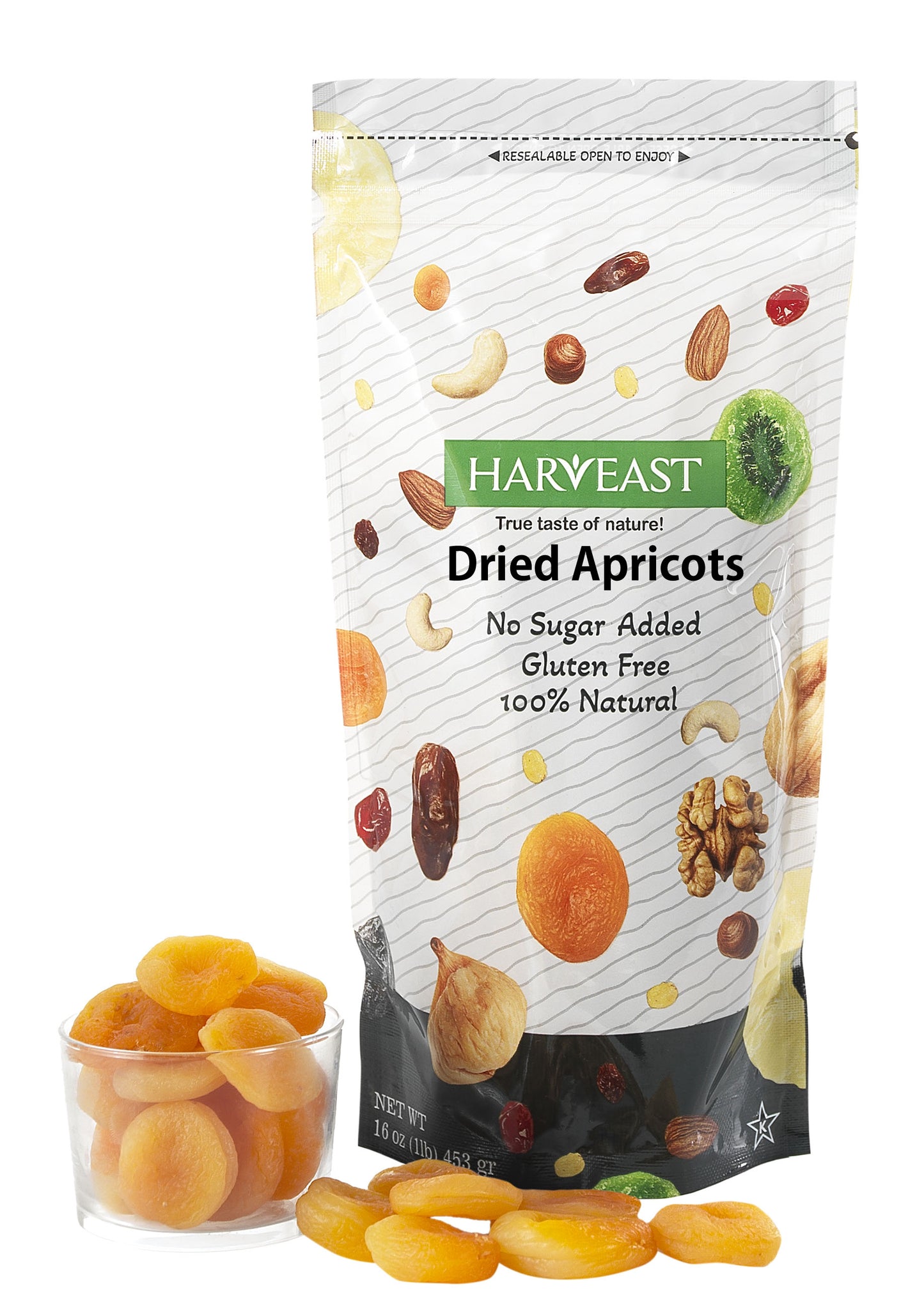 HARVEAST Dried Apricots - Turkish Gourmet Dried Jumbo Apricots, No Sugar Added, Gluten Free, Kosher, 100% Natural – Sweet & Fresh Dehydrated Apricots Vegan Snack in Resalable Bag (1 Lb)