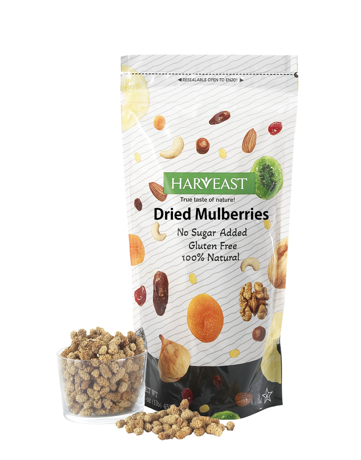 HARVEAST Turkish Dried Mulberries | Premium Gourmet Dehydrated Mulberries, No Sugar, Gluten Free, Kosher, Vegan, Non-GMO | Dried Berries in Resealable Bag, Delicious Healthy Snack | 8.81 Oz | 1 Pack