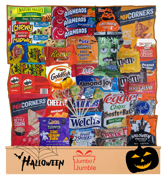 JUMBO JUMBLE Halloween Snack Box Care Package (45 Count) for College Students, Military, School Lunch – Bulk Snack Variety Gift Box with Chips, Candy, Granola Bars, Cookies, Nuts–Sample Snack Box