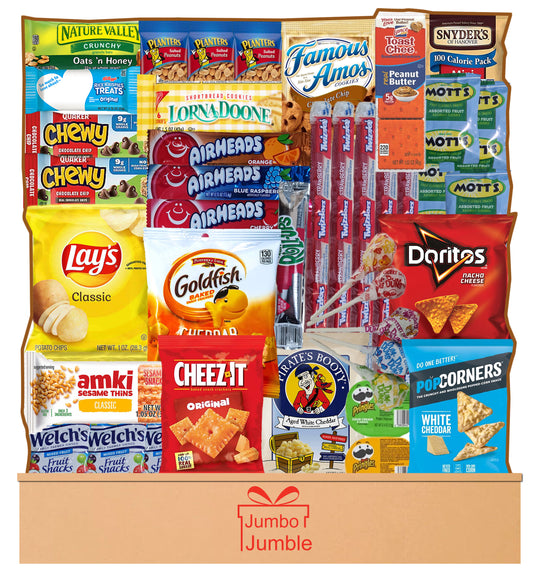 JUMBO JUMBLE Snack Box Care Package (45 Count) for College Students, Military, School Lunch – Bulk Snack Variety Gift Box with Chips, Candy, Granola Bars, Cookies, Nuts–Sample Snack Box Variety Pack