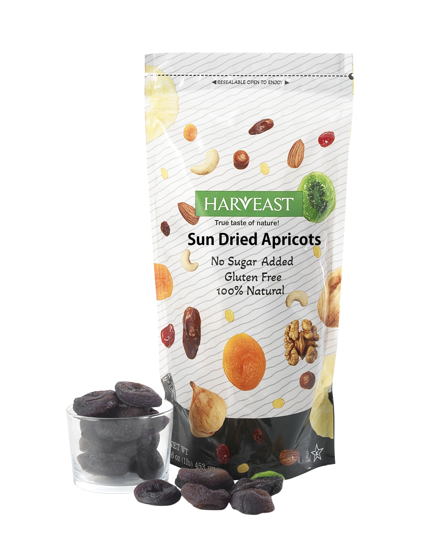 HARVEAST Sun Dried Apricots - Turkish Gourmet Dehydrated Apricots, No Sugar Added, Gluten Free, Kosher, Vegan – Sweet & Fresh Dried Apricots Healthy Snack in Resalable Bag, 1 Lb