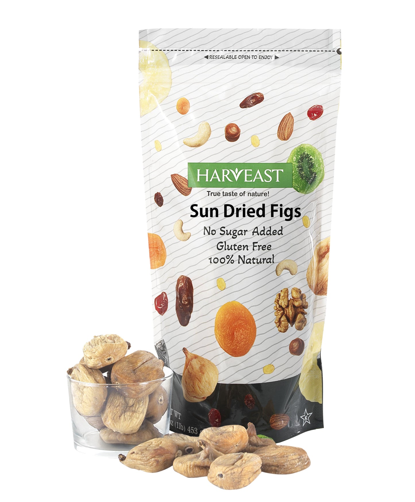 HARVEAST Sun Dried Figs, 1 Lb - Natural Turkish Whole Dried Smyrna Figs Fruit, No Sugar Added, Non-GMO, Unsulfured, Gluten Free & Kosher – Tender & Sweet Dehydrated Figs Vegan Snack in Resealable Bag