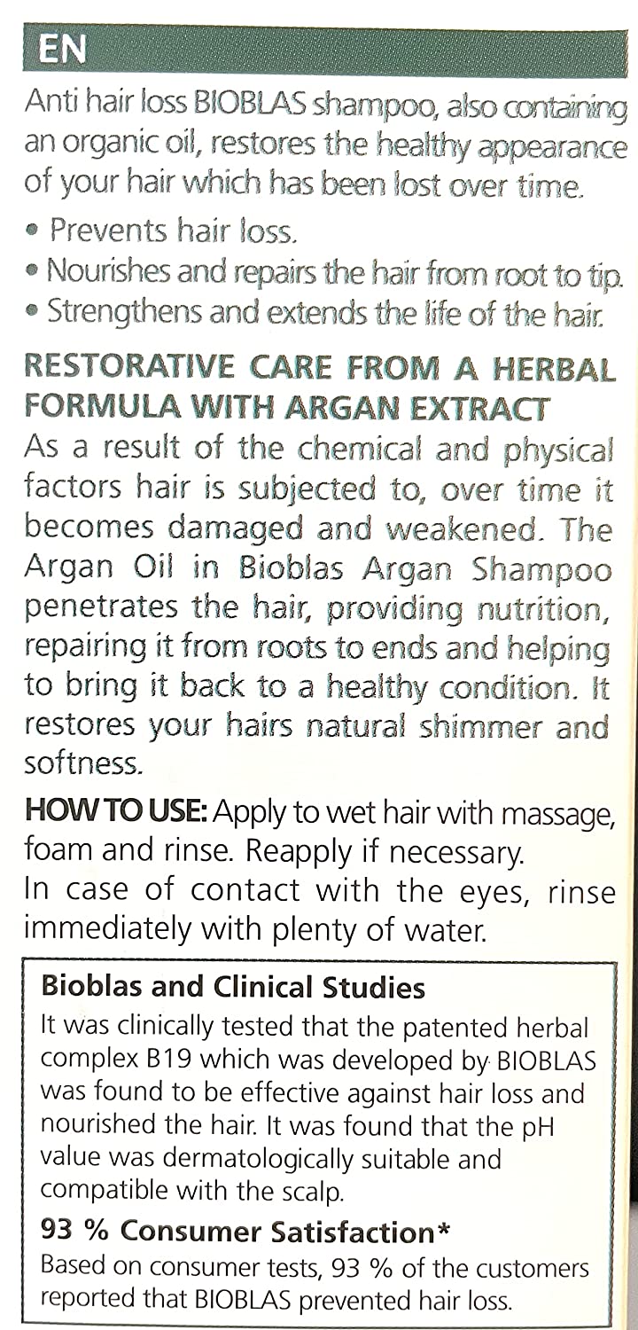 Bioblas Argan Oil & Organic Olive Oil Hair Loss Shampoo for Men and Women, Dermatologically Tested Hypoallergenic - 12 oz